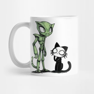 Green Alien and Black Cat Duo Mug